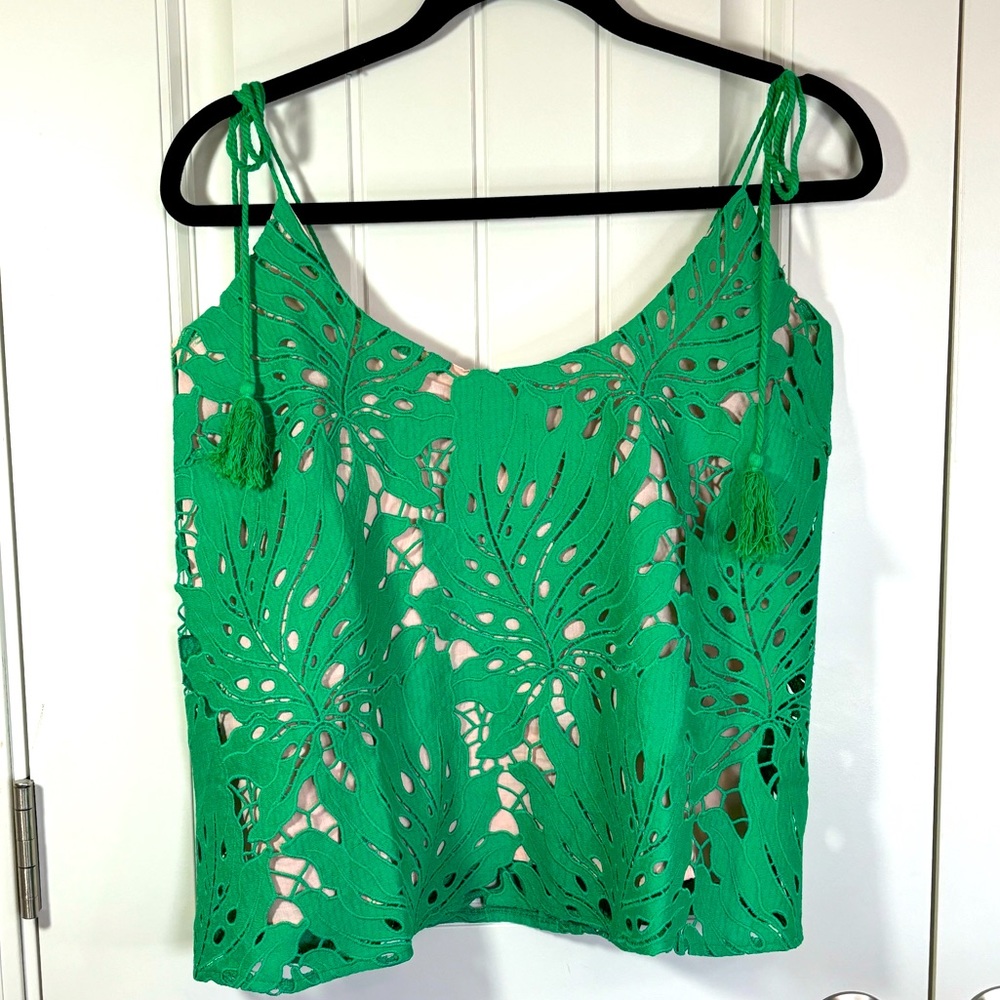 Judith March Monstera Leaves Lace Overlay Tank Top Pink/Green Size Medium New